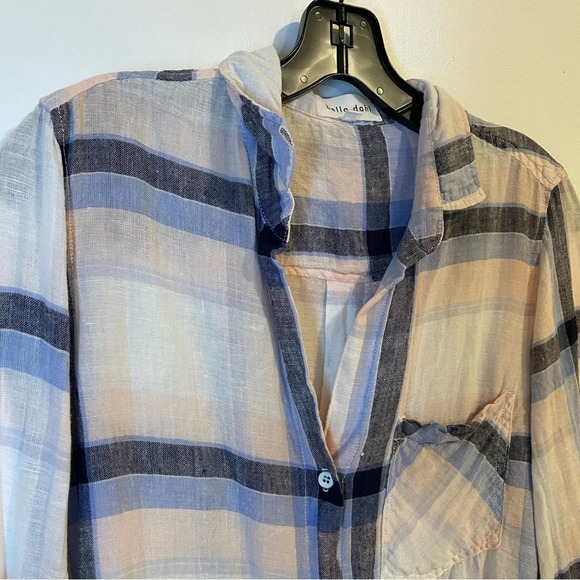 Bella Dahl plaid button down front pocket linen blend long sleeve shirt blouse S - Picture 3 of 8